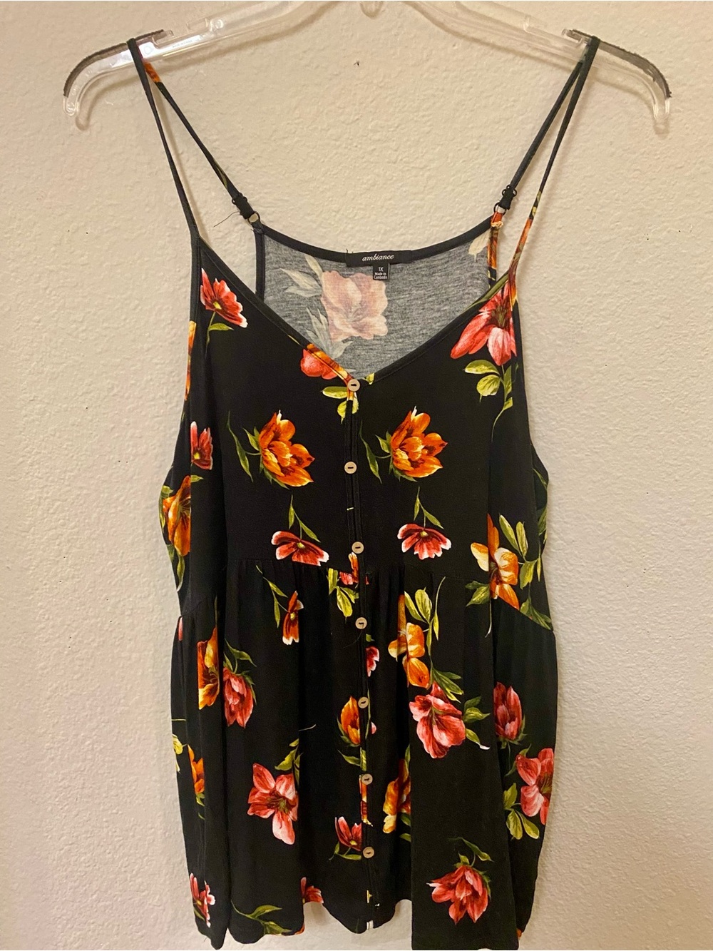 3/$12 - Ambiance Floral Button-Front Black Spaghetti Strap Tank Top - Size 1X